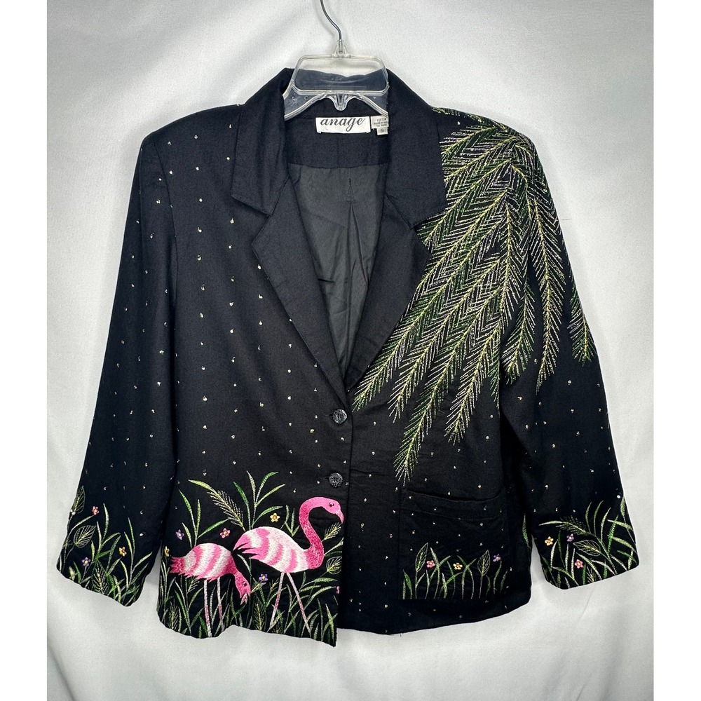 Anage Vintage Black Cotton Blazer Pink Flamingo Tropical Embroidery Metallic S